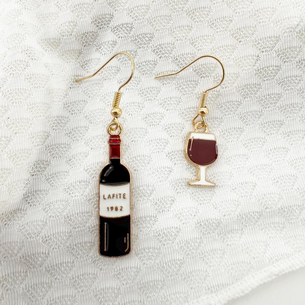 Gold Dangle Drop Earrings with Red Wine Bottle and Red Wine Glass Charms
